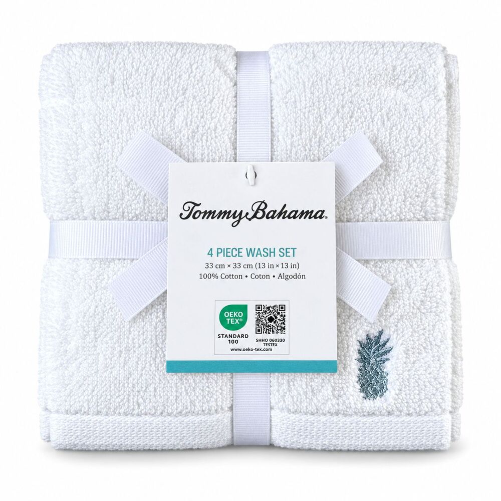 Tommy Bahama White Embroidered Blue Pineapple Washcloths Facecloths Set of 4
